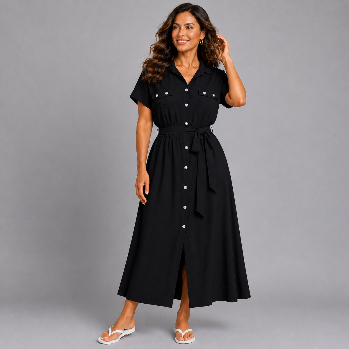 Button Front Shirt Dress with Tie Belt