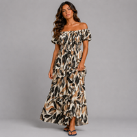 Leaf Print Bardot Gypsy Maxi Dress