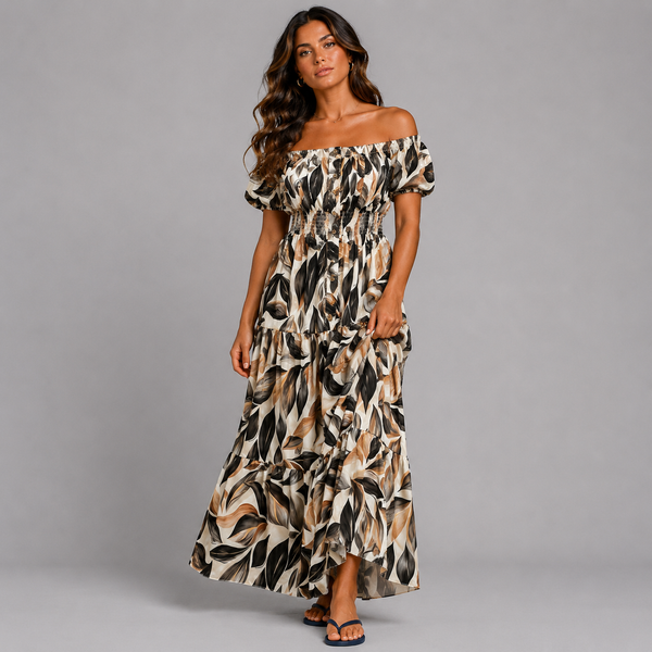 Leaf Print Bardot Gypsy Maxi Dress