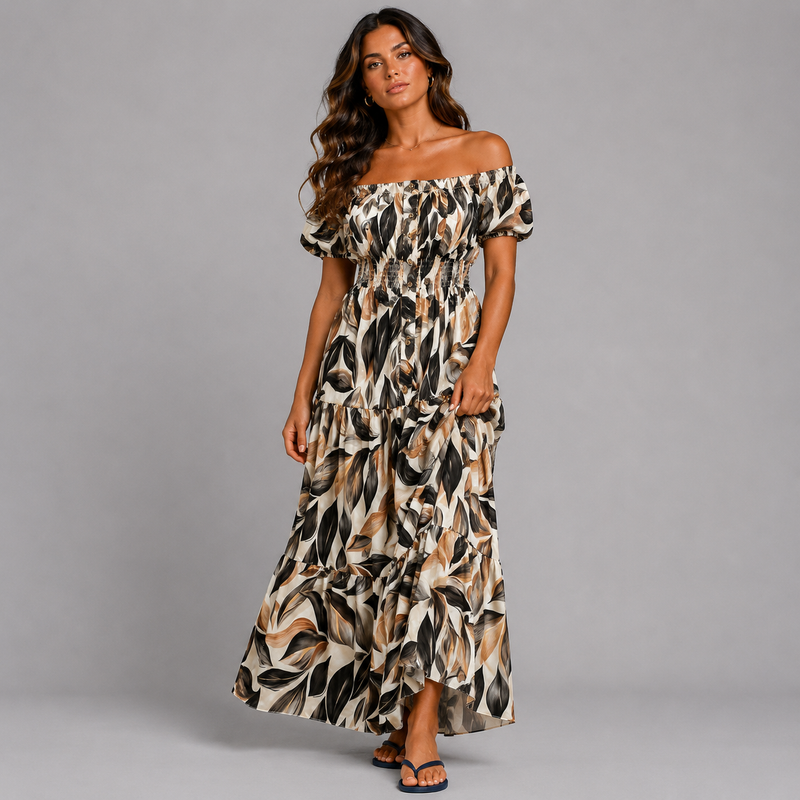 Leaf Print Bardot Gypsy Maxi Dress