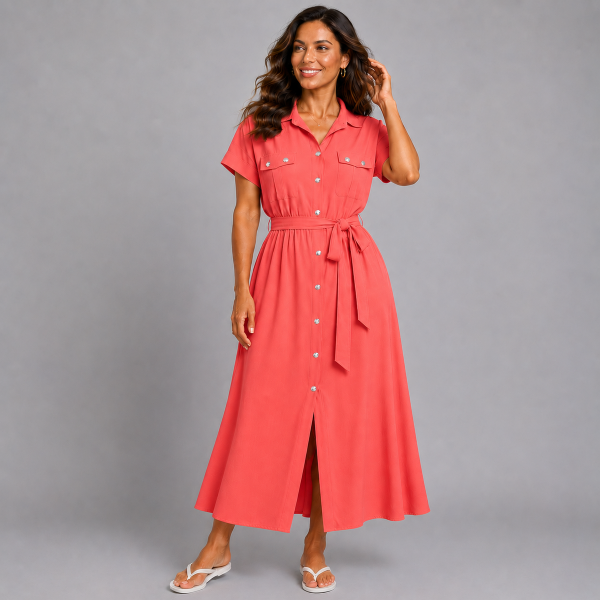 Button Front Shirt Dress with Tie Belt