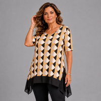 Geometric Short Sleeve Loose Fitting Top with Chiffon Hanky Hem