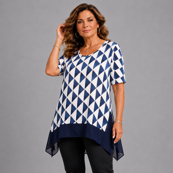 Geometric Short Sleeve Loose Fitting Top with Chiffon Hanky Hem