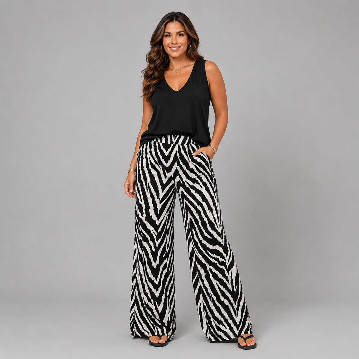 Black White Zebra Elasticated Waist Palazzo Trousers with Pockets