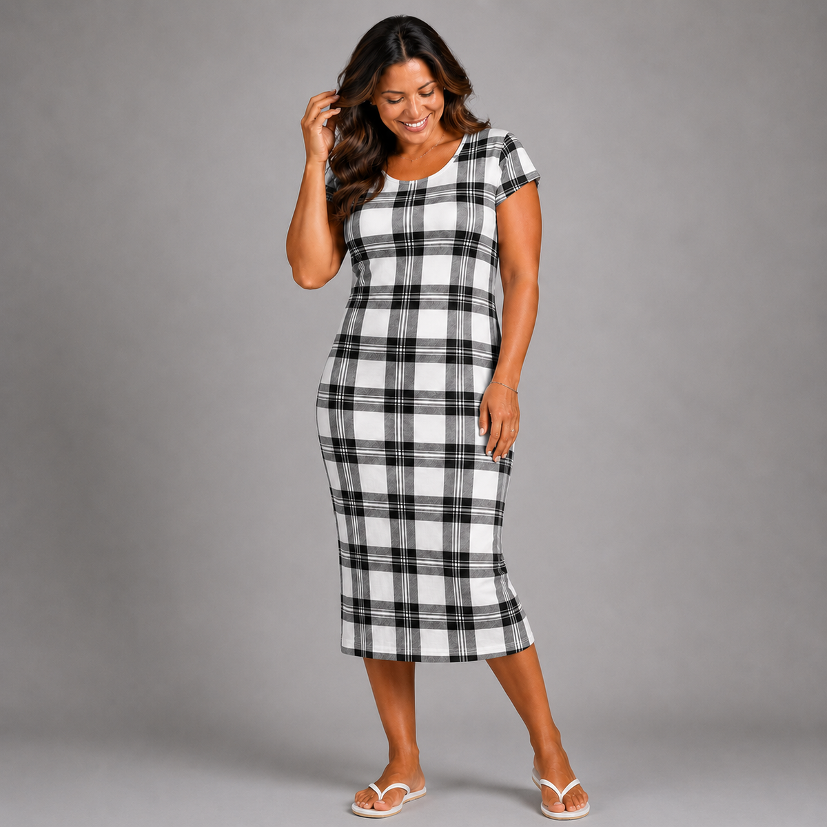 White Tartan Short Sleeve Stretchy T-Shirt Midi Dress