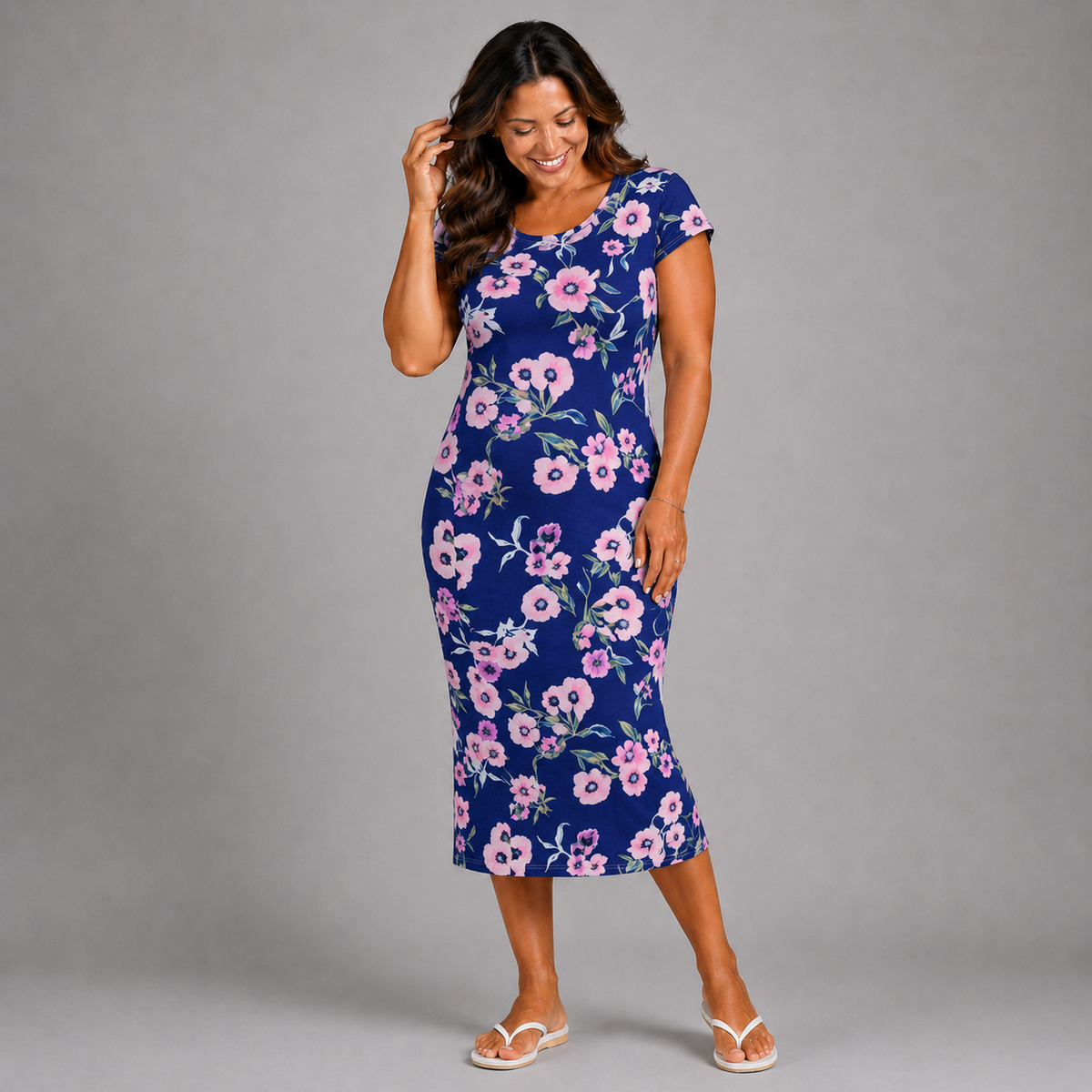 Blue Pink Floral Shirt Sleeve Stretchy Midi Dress