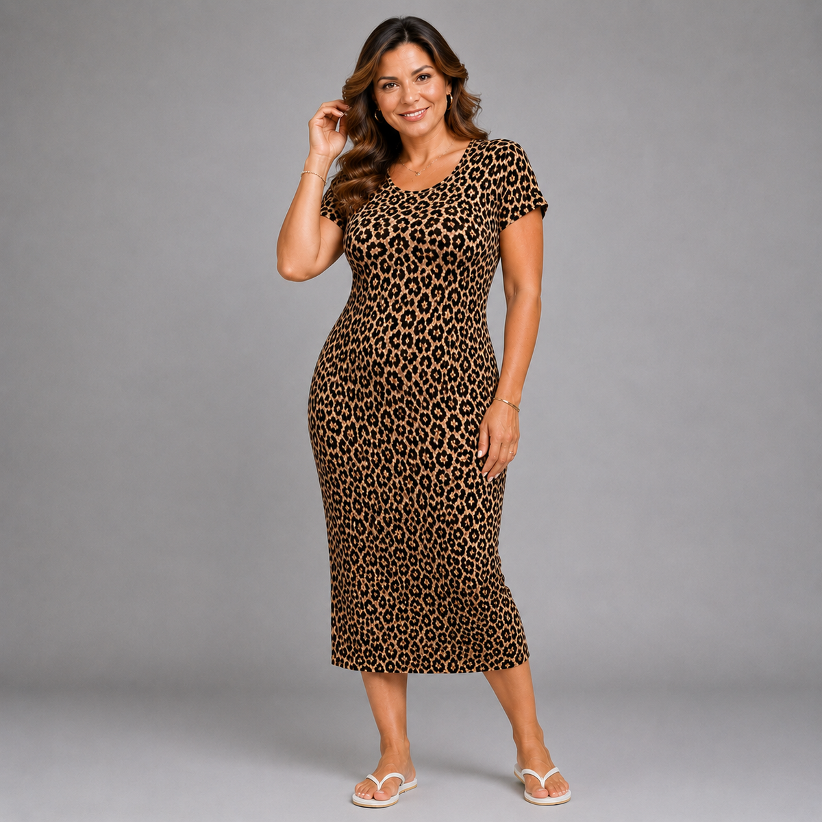 Brown Leopard Short Sleeve Stretchy T-Shirt Midi Dress