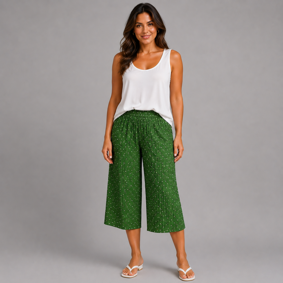 Green Floral Pleated Elastic Waist Culottes