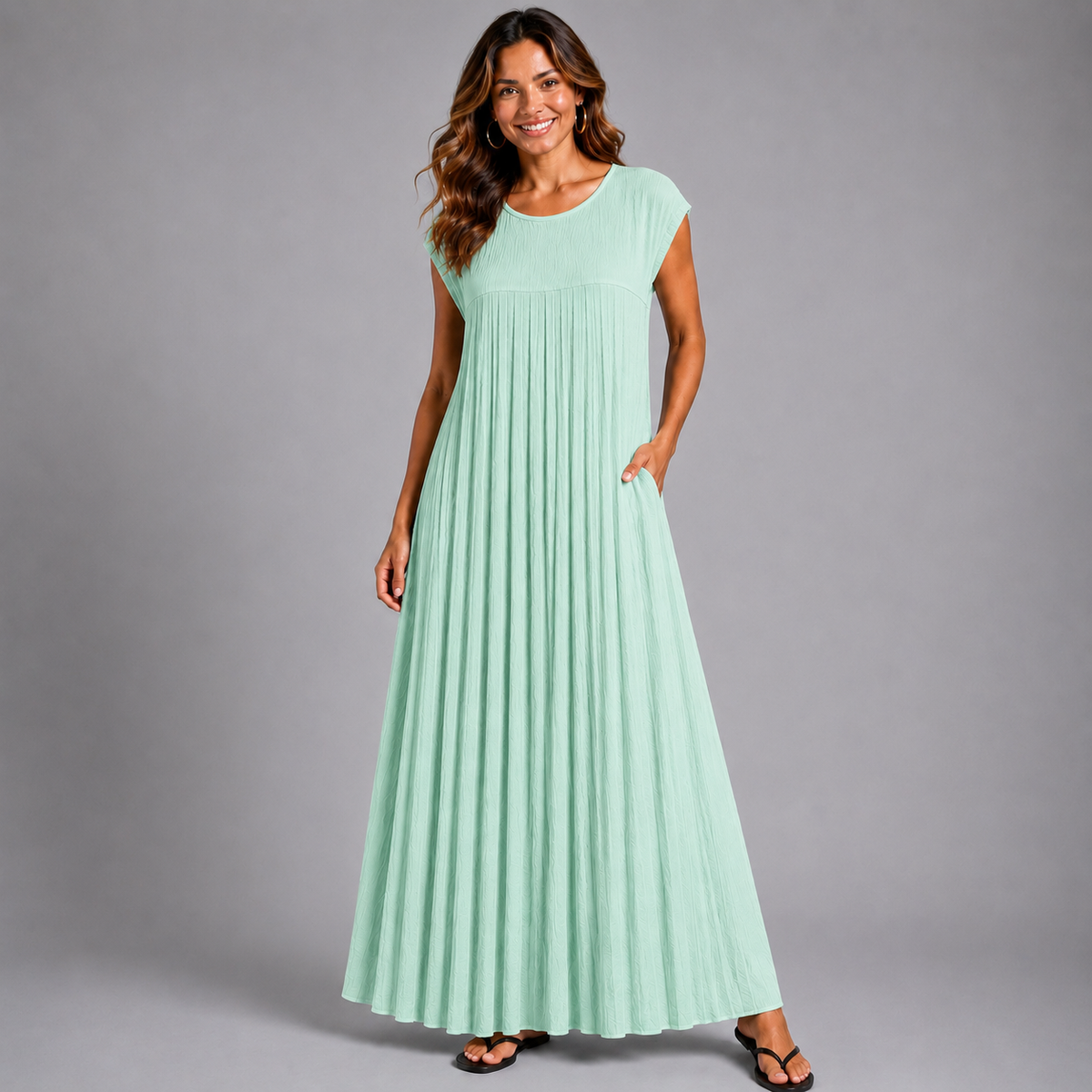 Pleated Cap Sleeve plain Maxi Dress