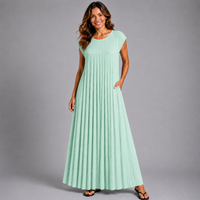 Pleated Cap Sleeve plain Maxi Dress