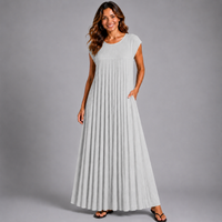 Pleated Cap Sleeve plain Maxi Dress