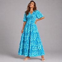 Bright Leopard Print V Neck Smocked Maxi dress
