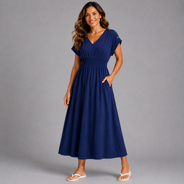 V Neck Elastic Waist Pocket Maxi Dress