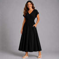 V Neck Elastic Waist Pocket Maxi Dress
