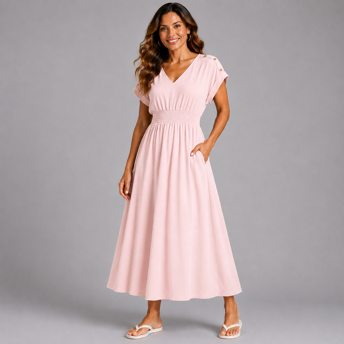 V Neck Elastic Waist Pocket Maxi Dress