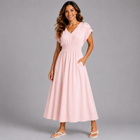 V Neck Elastic Waist Pocket Maxi Dress