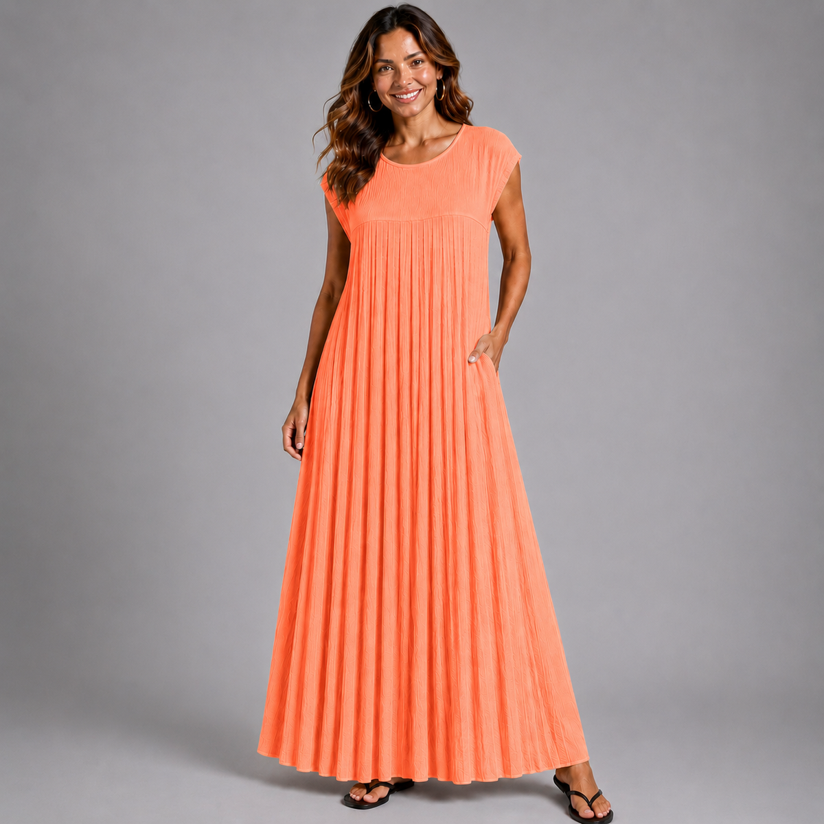Pleated Cap Sleeve plain Maxi Dress