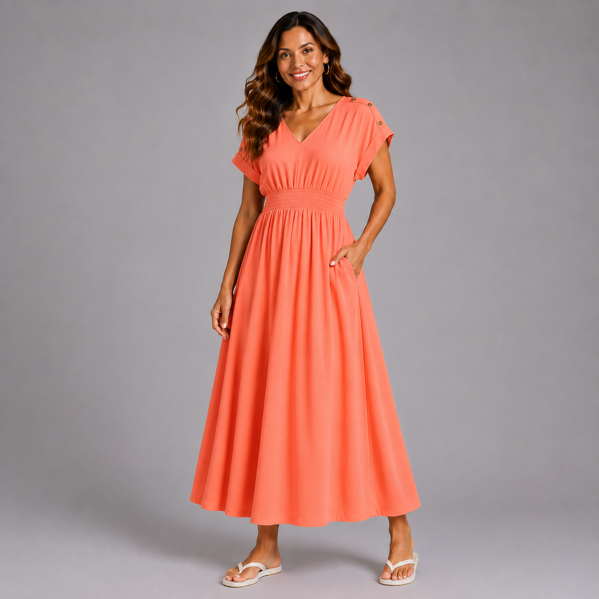 V Neck Elastic Waist Pocket Maxi Dress