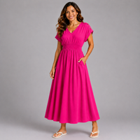 V Neck Elastic Waist Pocket Maxi Dress