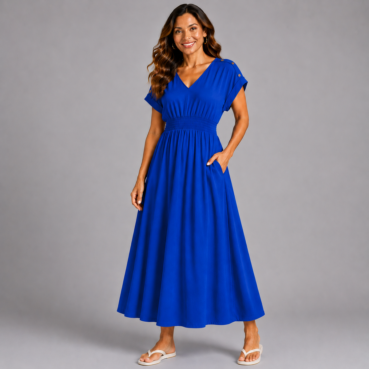 V Neck Elastic Waist Pocket Maxi Dress