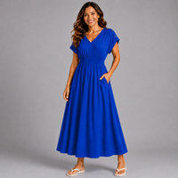 V Neck Elastic Waist Pocket Maxi Dress