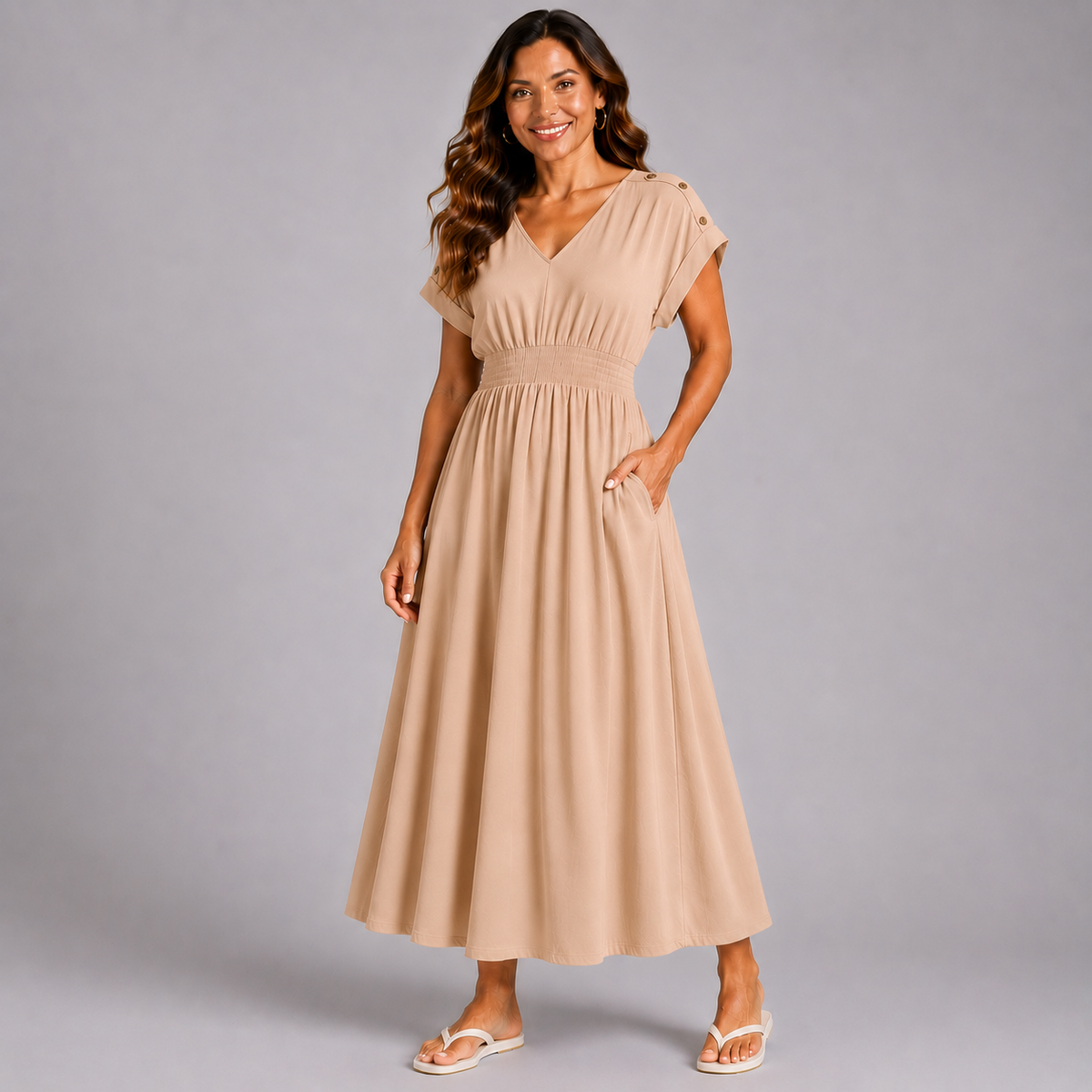 V Neck Elastic Waist Pocket Maxi Dress