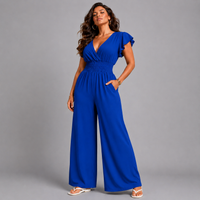 Plain V-Neck elastic waist Jumpsuit with Pockets