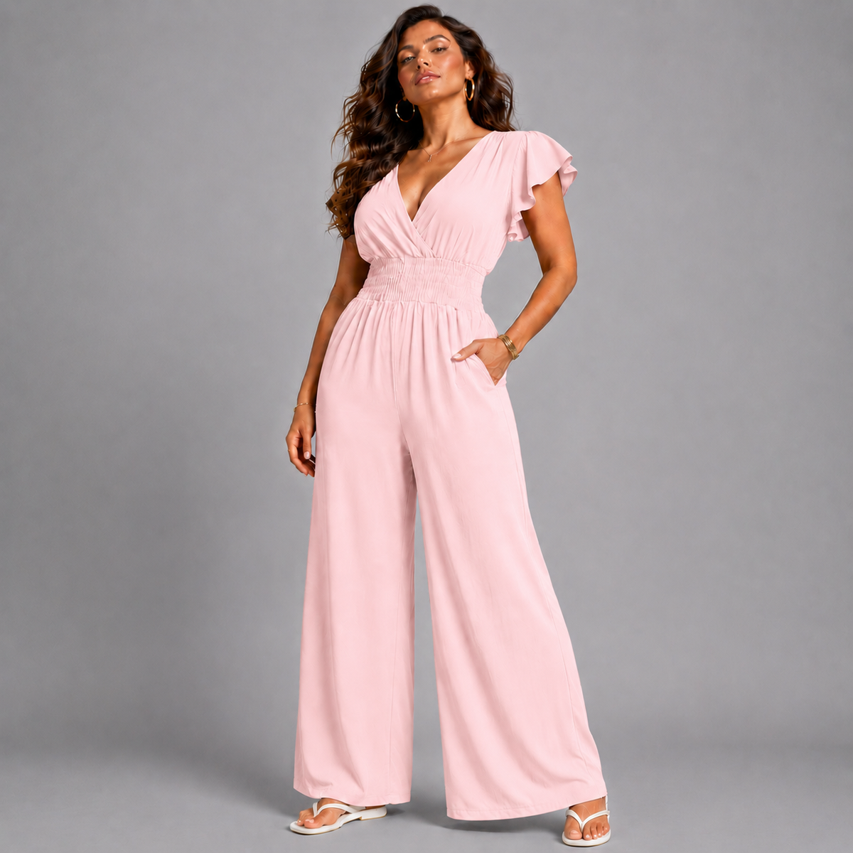 Plain V-Neck elastic waist Jumpsuit with Pockets