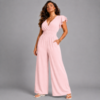 Plain V-Neck elastic waist Jumpsuit with Pockets