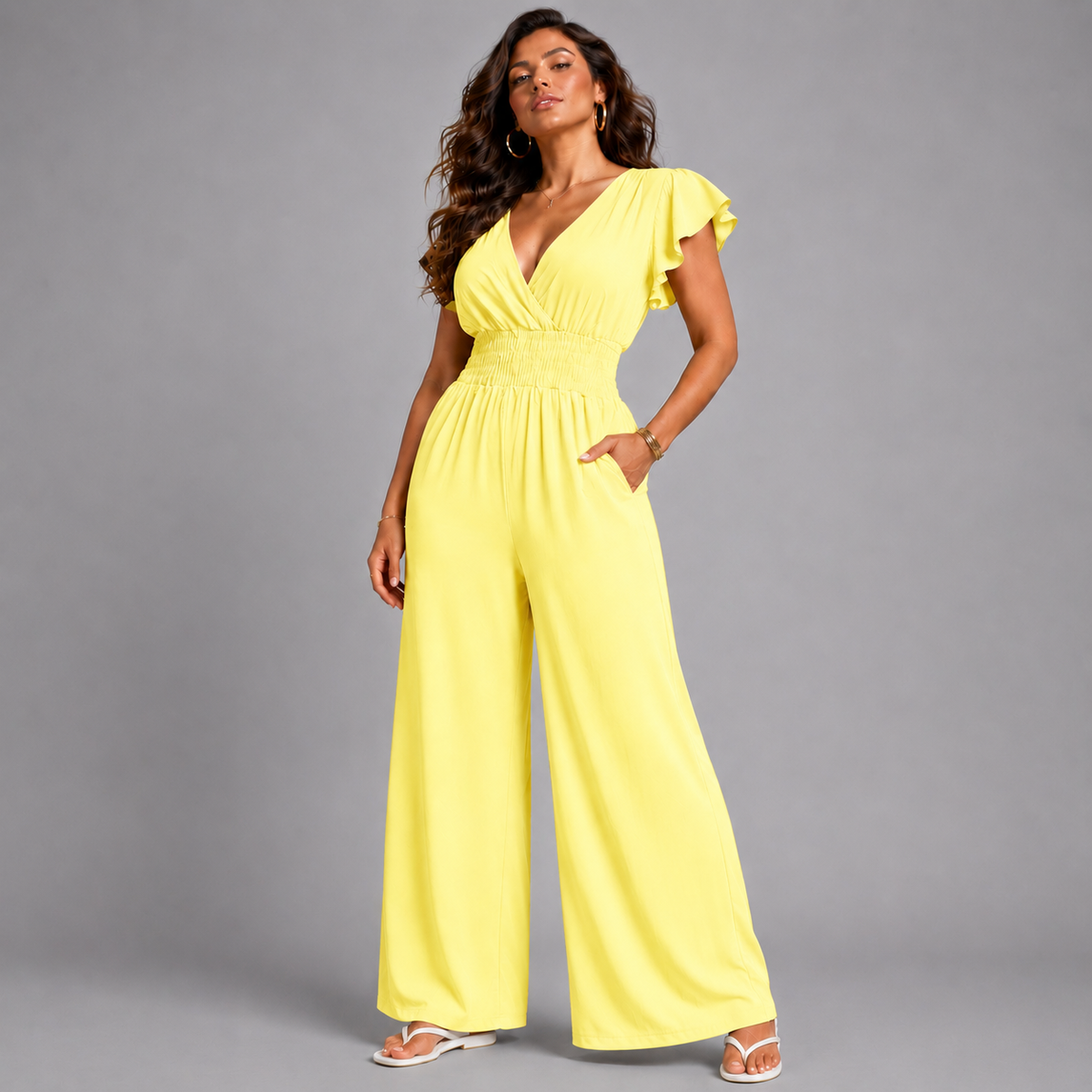 Plain V-Neck elastic waist Jumpsuit with Pockets