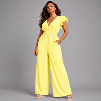 Plain V-Neck elastic waist Jumpsuit with Pockets