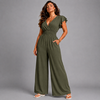 Plain V-Neck elastic waist Jumpsuit with Pockets