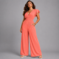 Plain V-Neck elastic waist Jumpsuit with Pockets