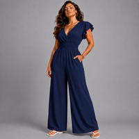Plain V-Neck elastic waist Jumpsuit with Pockets