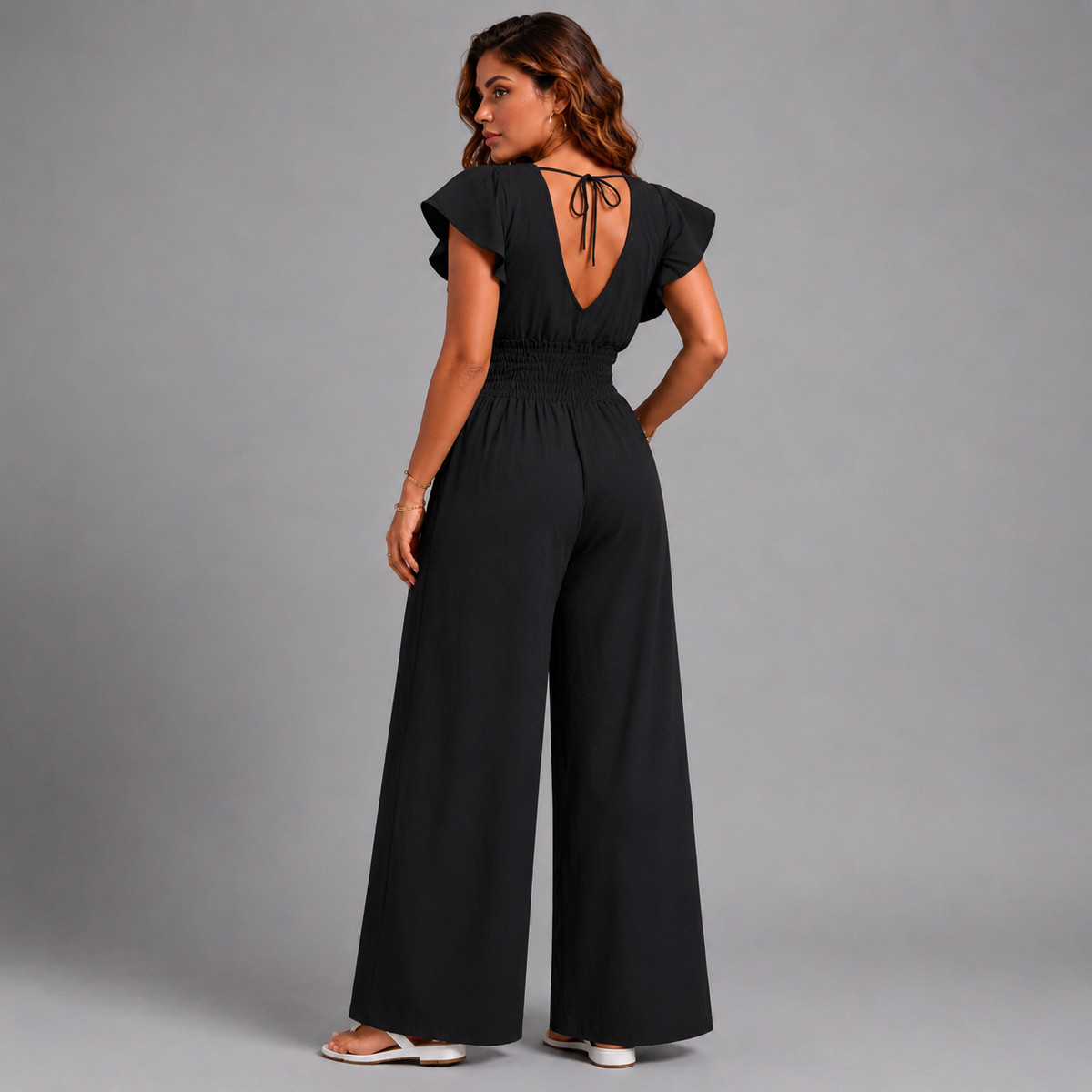 Plain V-Neck elastic waist Jumpsuit with Pockets