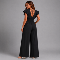 Plain V-Neck elastic waist Jumpsuit with Pockets