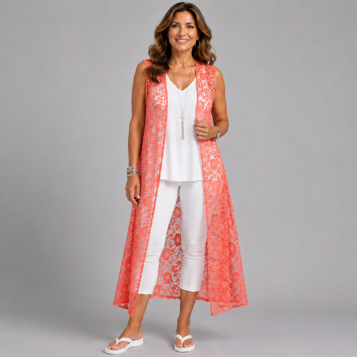 Sleeveless Lace Open Front Duster Jacket