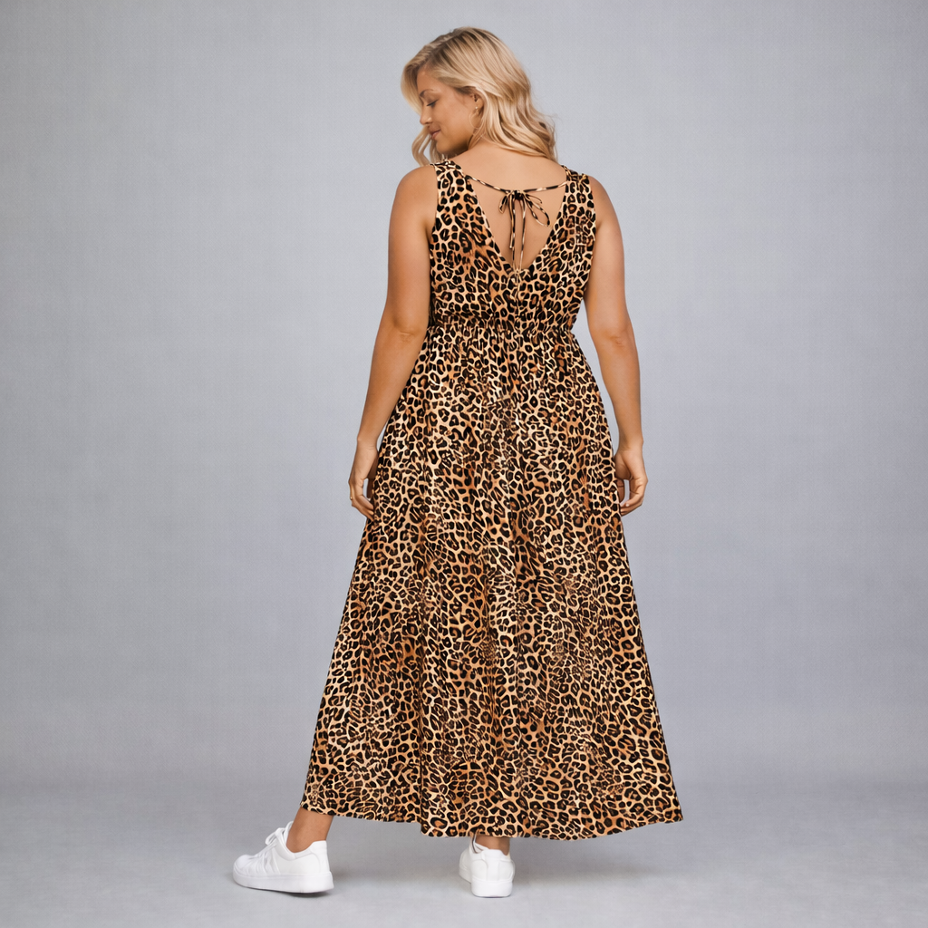 Leopard Print Sleeveless V Neck maxi Dress with side Pockets