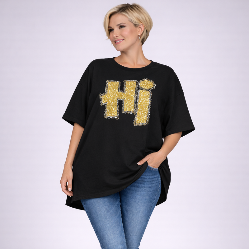Oversized Dipped Hem Beaded Hi Short Sleeve Sweatshirt