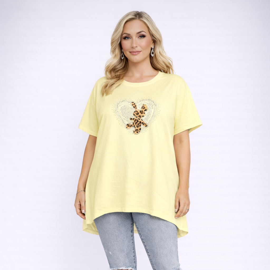 Oversized Dipped Hem Beaded Rabbit Short Sleeve T-shirt