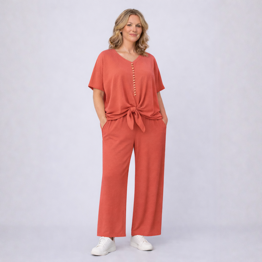 2 Piece Outfit Set with Palazzo Trousers and Tie Hem Blouse