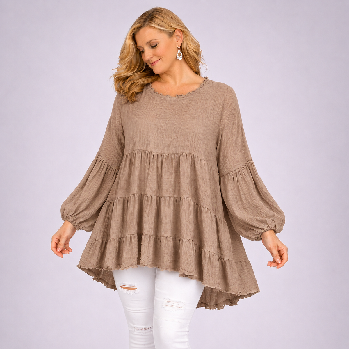 Pure Cotton Oversized Tunic Blouse with Balloon Sleeves