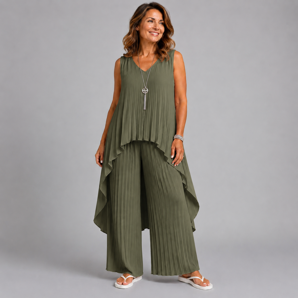 Pleated 2 Piece Outfit Set with Long Dipped Hem