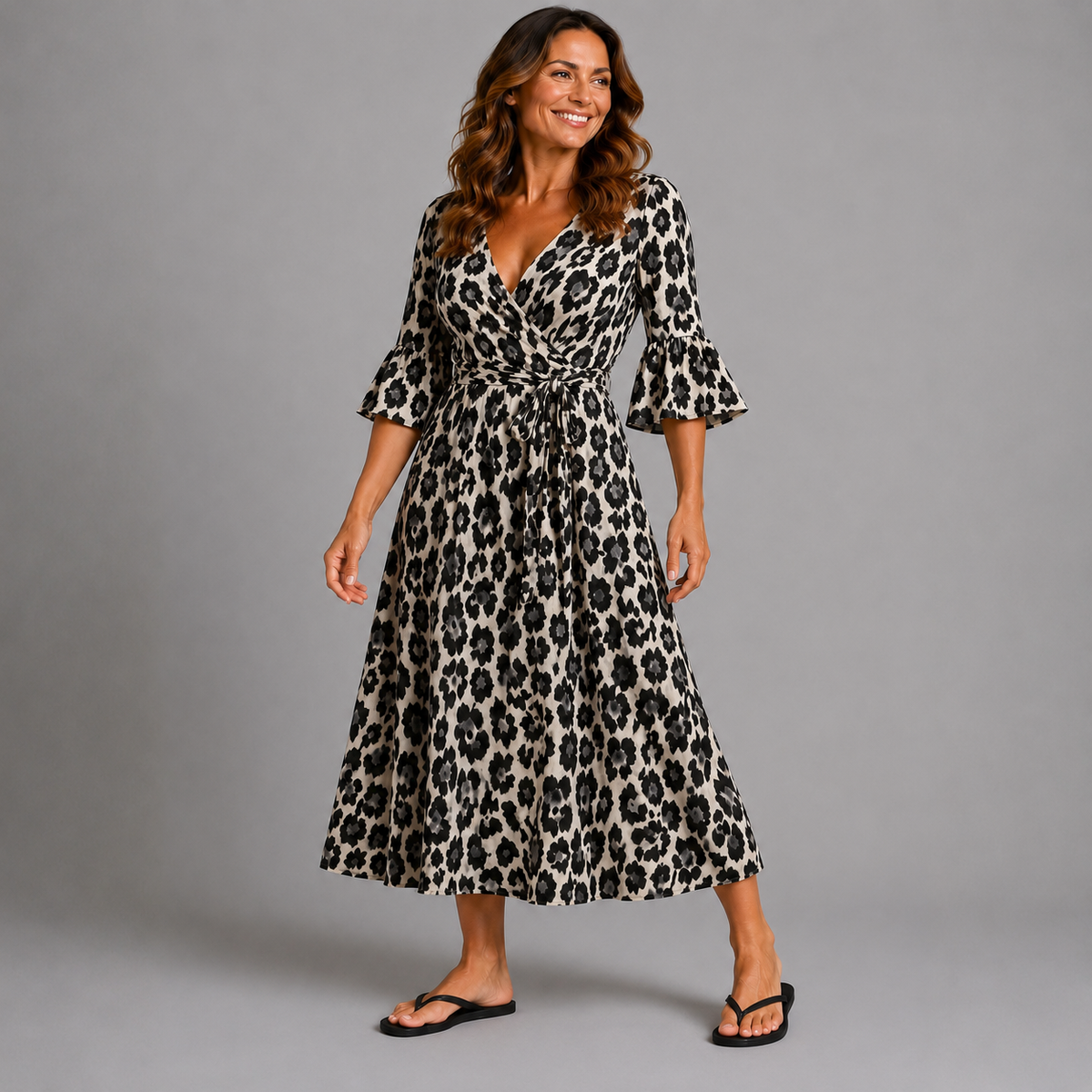 Black Grey Leopard V-neck Dress with belt tie