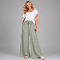 Linen Style Elastic Waist Palazzo Trousers with Pockets