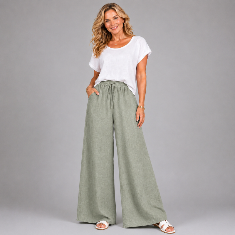 Linen Style Elastic Waist Palazzo Trousers with Pockets