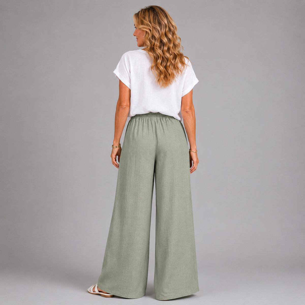 Linen Style Elastic Waist Palazzo Trousers with Pockets
