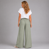 Linen Style Elastic Waist Palazzo Trousers with Pockets