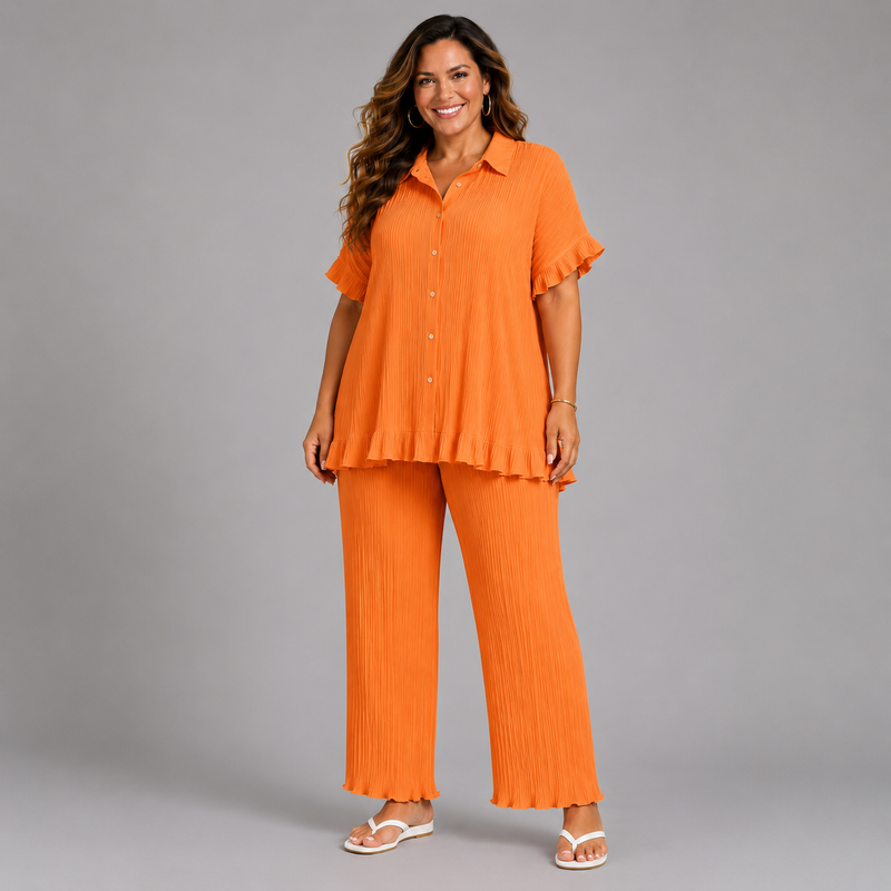 Pleated 2 Piece Outfit Set with Frilled Hem