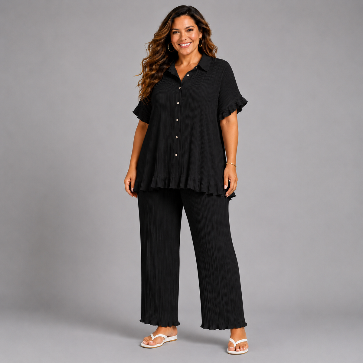 Pleated 2 Piece Outfit Set with Frilled Hem
